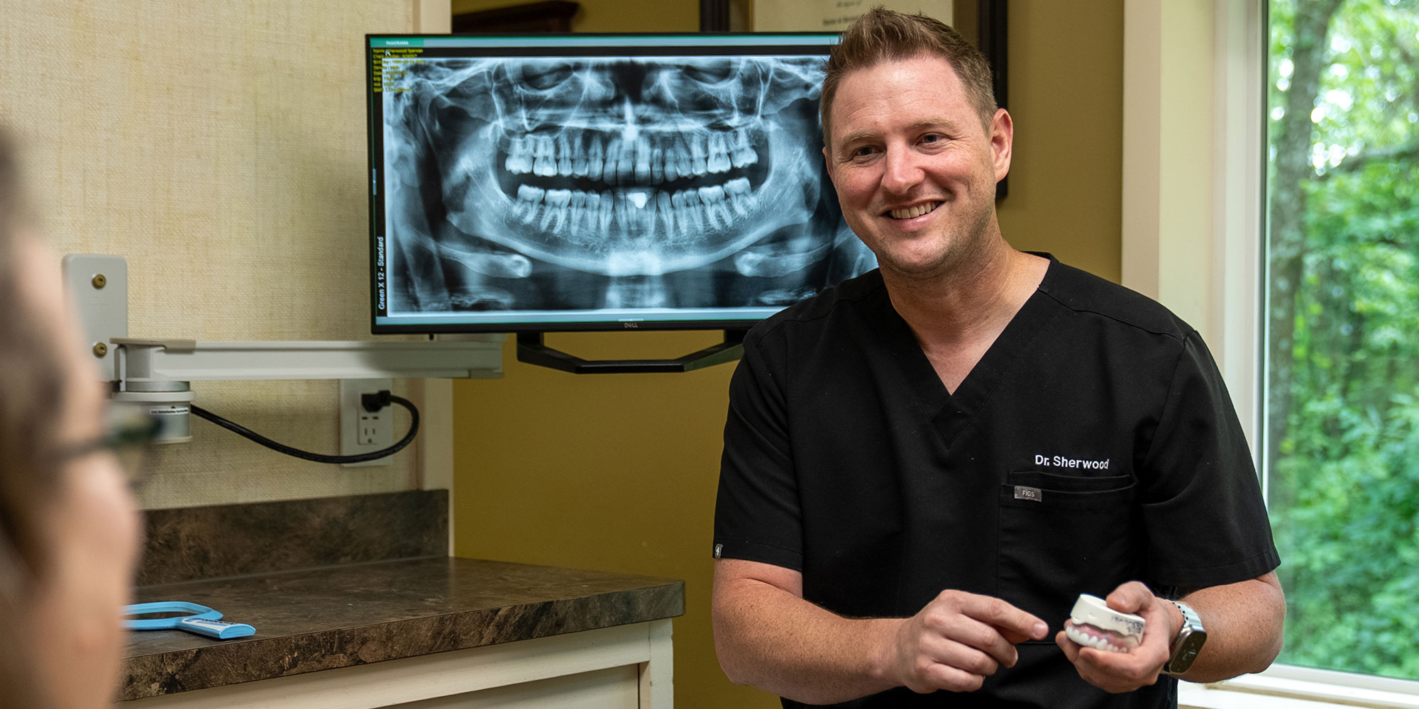 Doctor pointing at a model of dental implants