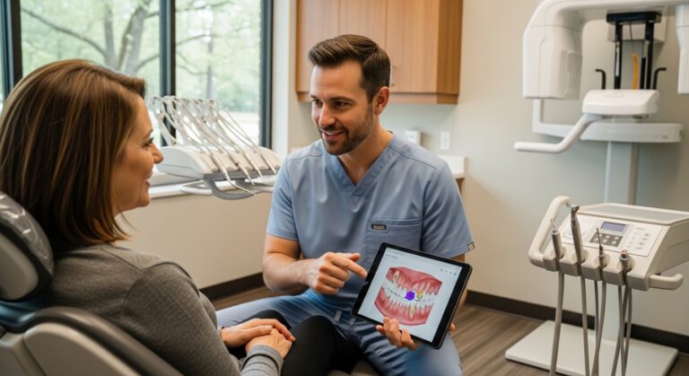 Patient and dentist in a professional dental consultation setting