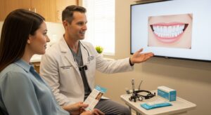 Patient and dentist in a modern dental office in Conway, Arkansas.